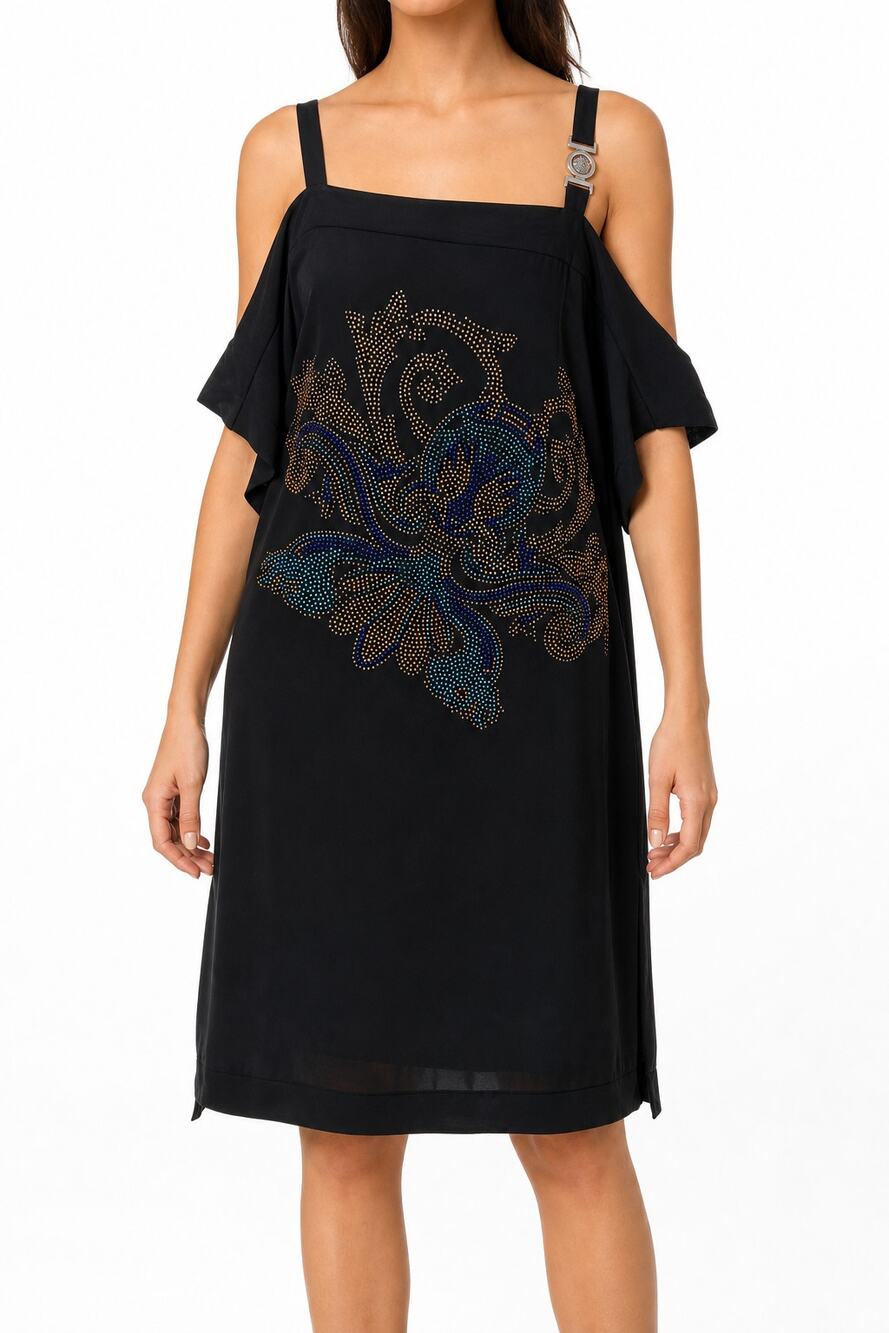 Vintage Versace Collection Black Rhinestone Cold Shoulder Kaftan Dress IT40 US 4